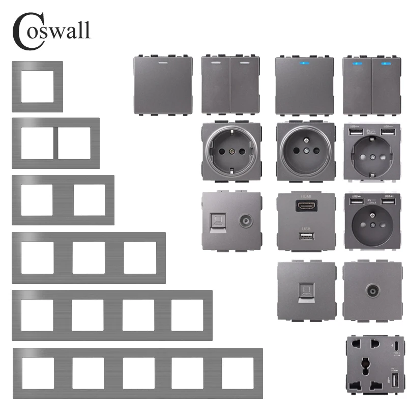 COSWALL L1 Series Grey Brushed Aluminum Panel Gray Wall Switch EU Socket HDMI-compatible USB Charger TV RJ45 Modules DIY