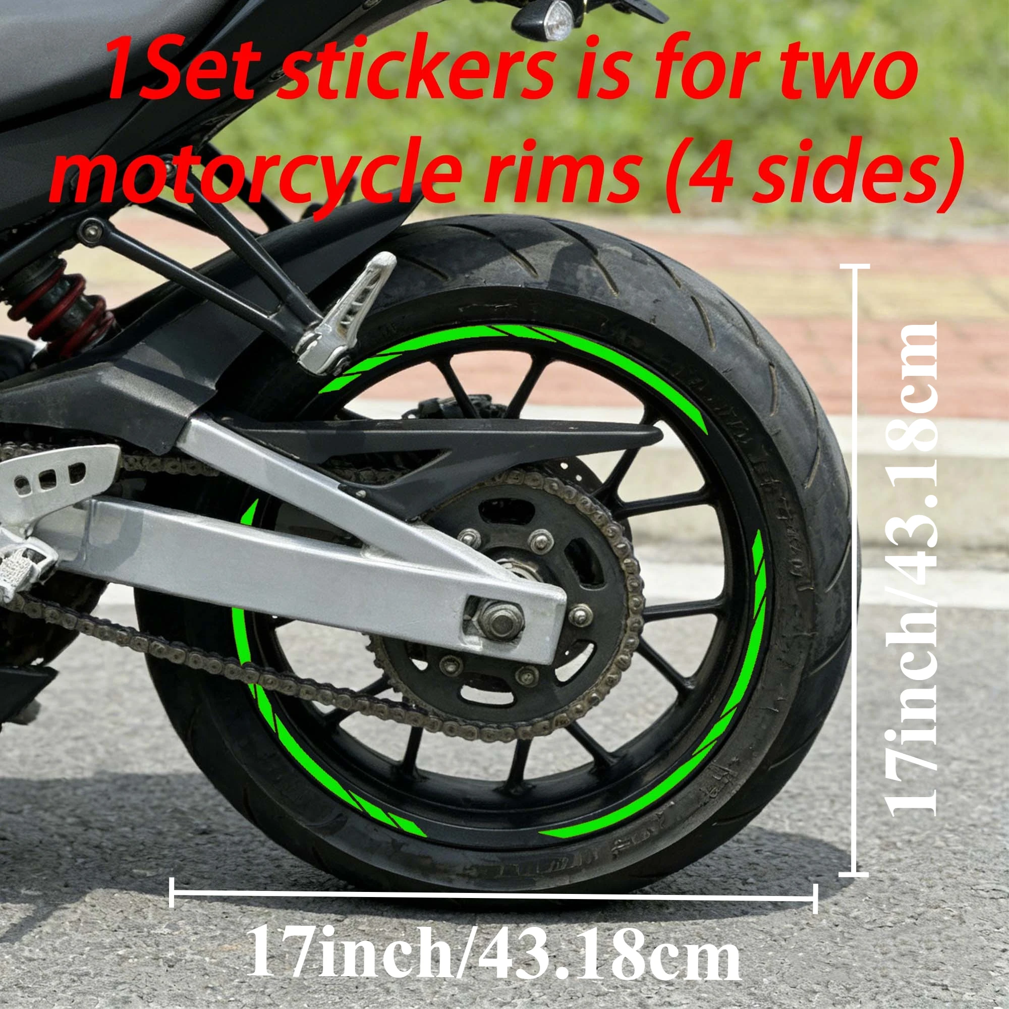 17-inch Motorcycle Wheel Hub Stickers Green Stripe Waterproof Decals for YAMAHA Honda Kawasaki Suzuki BMW KTM Husqvarna Triumph