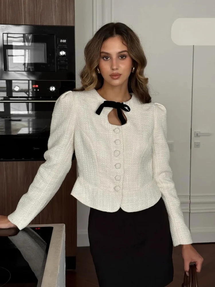 

Tsiisd Elegance Bow Lace-Up Cardigan Jackets For Women Long Sleeve Slim Patchwork Tapered Waist Coat Female Fashion Jackets 2026
