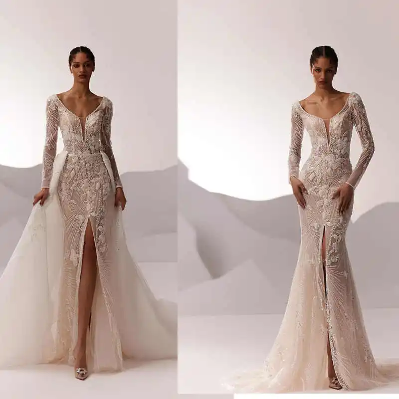 

Изысканные свадебные платья «Русалка» с аппликациями, открытой спиной, длинными рукавами, на заказ, со съемным шлейфом, vestidos de novia