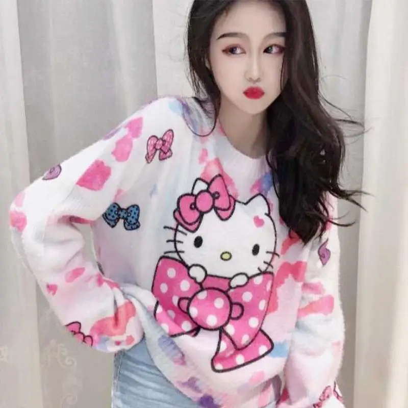 

Hello Kitty Kawaii Plush Sweater for Girl Sanrio Anime Round Neck Long Sleeve Sweater Autumn Soft Sweet Loose Student Cute Top
