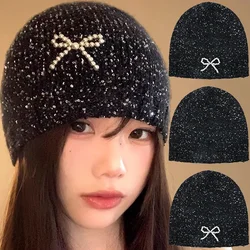 Y2k Elegant Sequined Hat Girls Shining Sequin Bowknot Warm Cap Female Pearl Bow Knitted Hats Women Spring Autumn Snug Beanie