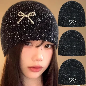 Y2k elegante chapéu de lantejoulas meninas brilhando lantejoulas bowknot quente boné feminino pérola arco malha chapéus feminino primavera outono confortável gorro