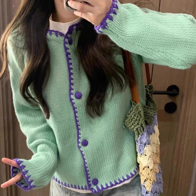 

2024 Women's Patchwork Knitted Cardigan Fall-Winter Clothing with Loose Buttons Female Korean Sweaters with Long Sleeves R32