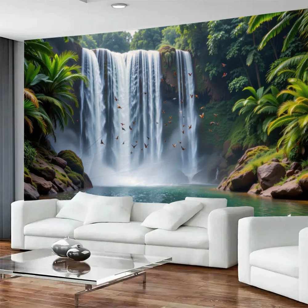 Tropical Rainforest Wall Tapestry with Macaw & Waterfall Bird Dynamic Design for Bedroom Homestay Decor Background Cloth