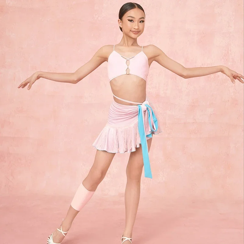 新しいラテンダンス黒ピンクヒョウフリンジスカート女の子タッセルヒップスカーフチャチャルンバダンス服練習着