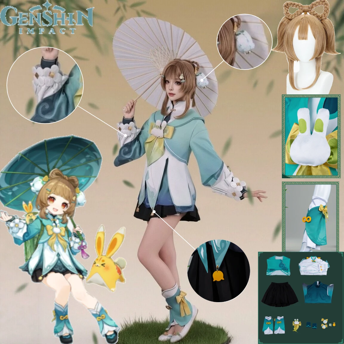 

Genshin Impact Yaoyao Cosplay Costume Listening To Rain and Bamboo Lantern Rite Outfit Cute Lolita Dress Wig Set Halloween Cos