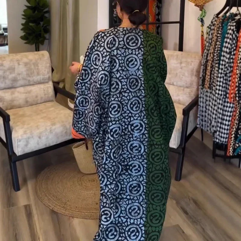 Vintage Pattern Print Patchwork Loose Robes for Woman Casual V Neck Contrast Pullover Dress Autumn Long Sleeve Female Maxi Dress