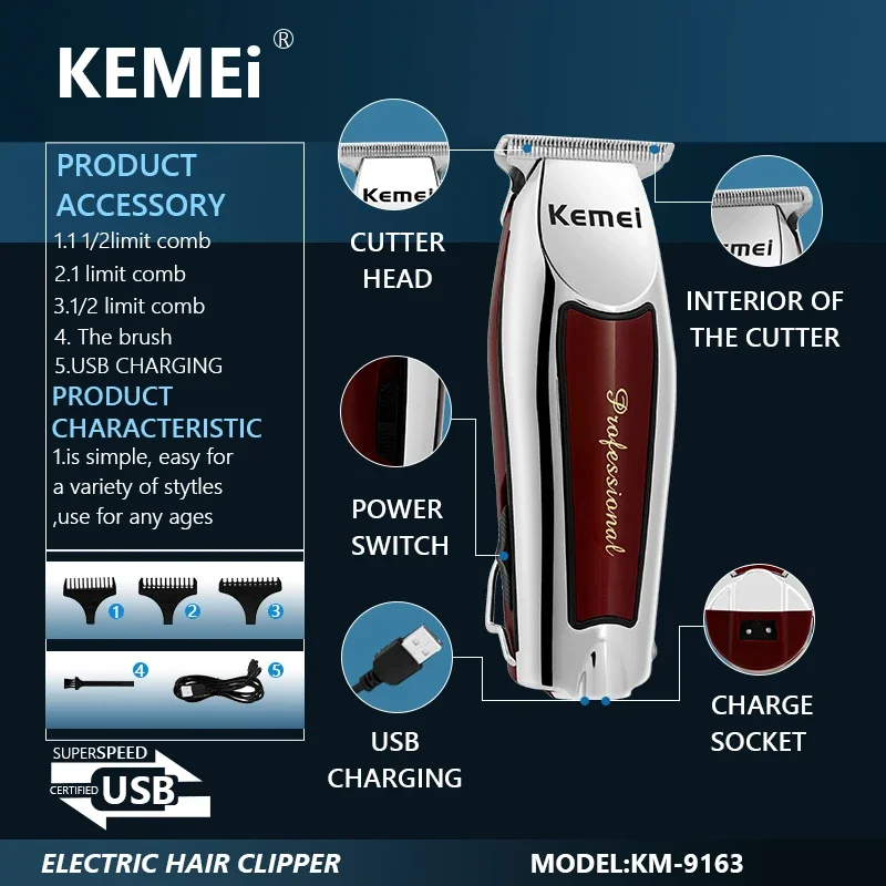 Professional Cordless Hair Trimmer for Men - Electric Clipper Beard Cutting Machine