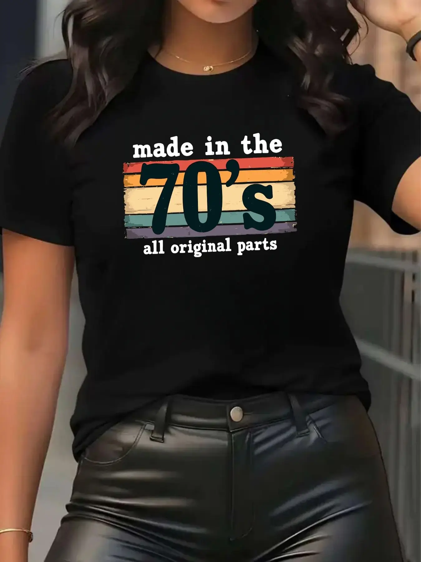 Retro T-Shirt Women's Black Short Sleeve T-Shirt - 'Made in the 70s', Multi-colored Striped Background, Retro Style, Loose Version, Casual Wear, Perfect for Outdoor and Daily Fashion, Fashionable Golden Accessories
