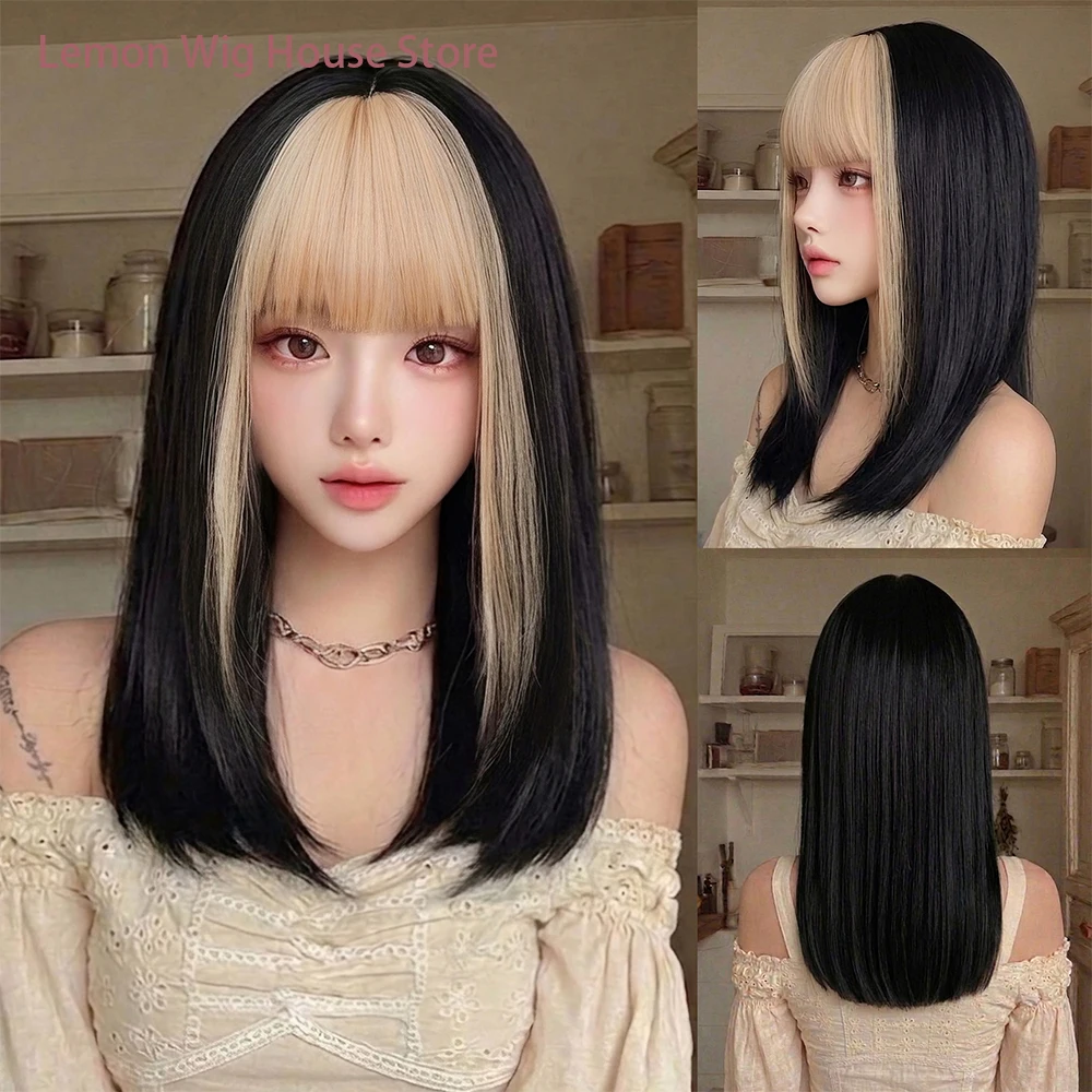 

Black Blonde Highlight Synthetic Wig with Bangs Medium Straight Bob Wig Lolita Layered Wig for Women Daily Cosplay Wigs