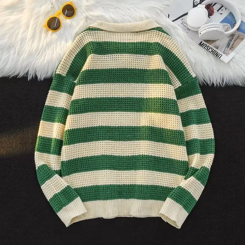 Retro POLO Lapel Striped Sweater Men's College Contrasting Color Loose and Versatile