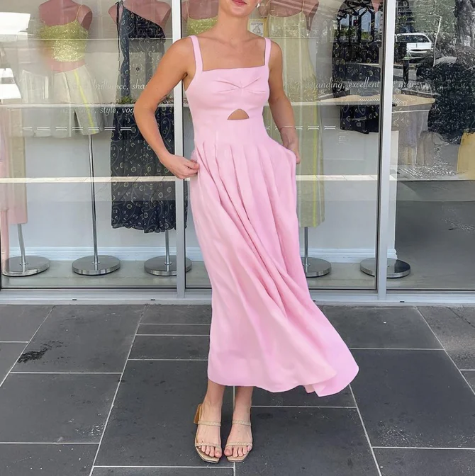 

Summer Casual Elegant Vacation Style Solid Color Hollow High Waisted Dress Square Neck Sleeveless A-Line Suspender Dress
