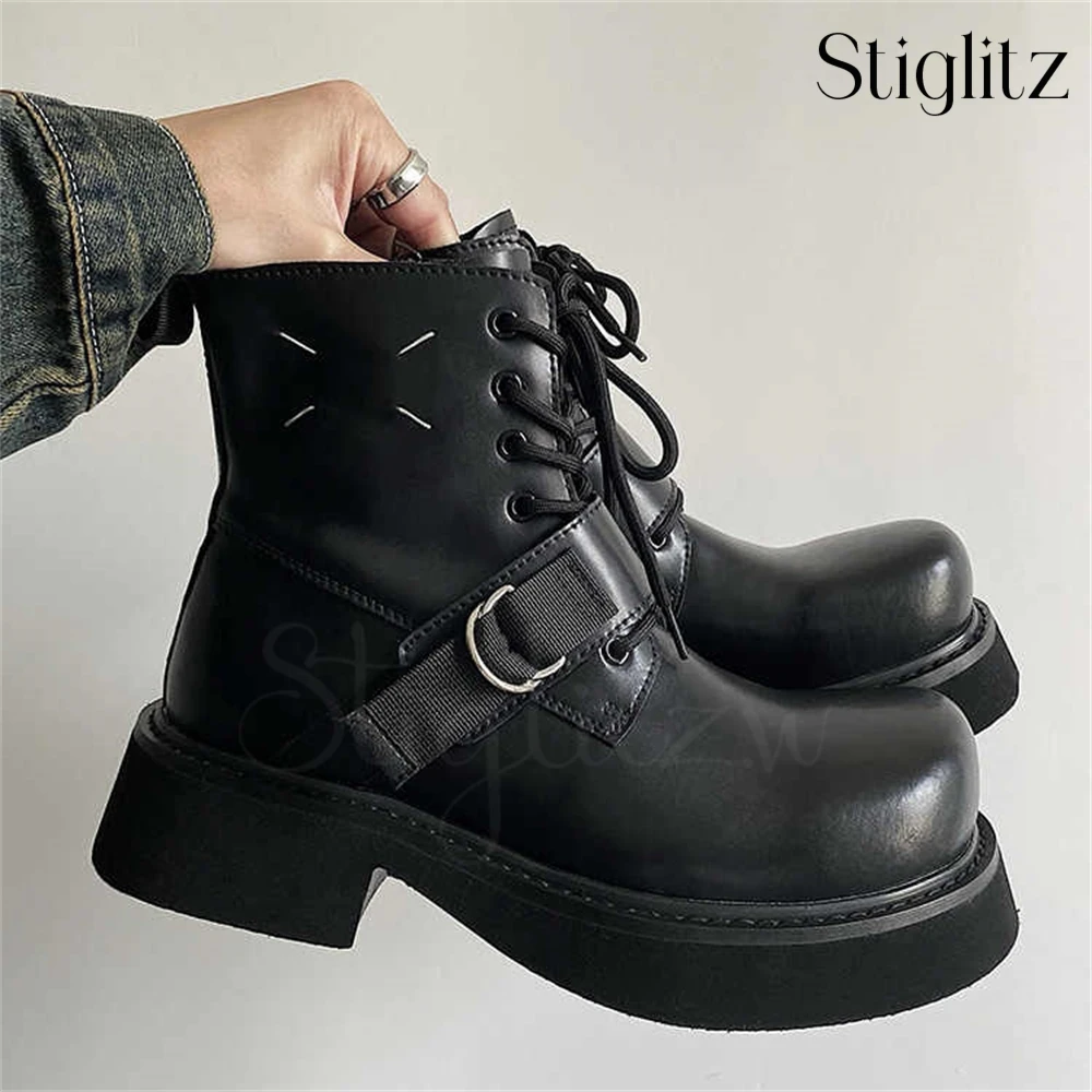 White Line Belt Buckle Ankle Boots for Men Designer Style Modern Boots Punk Black Leather Ankle Boots Modern Handmade Boots