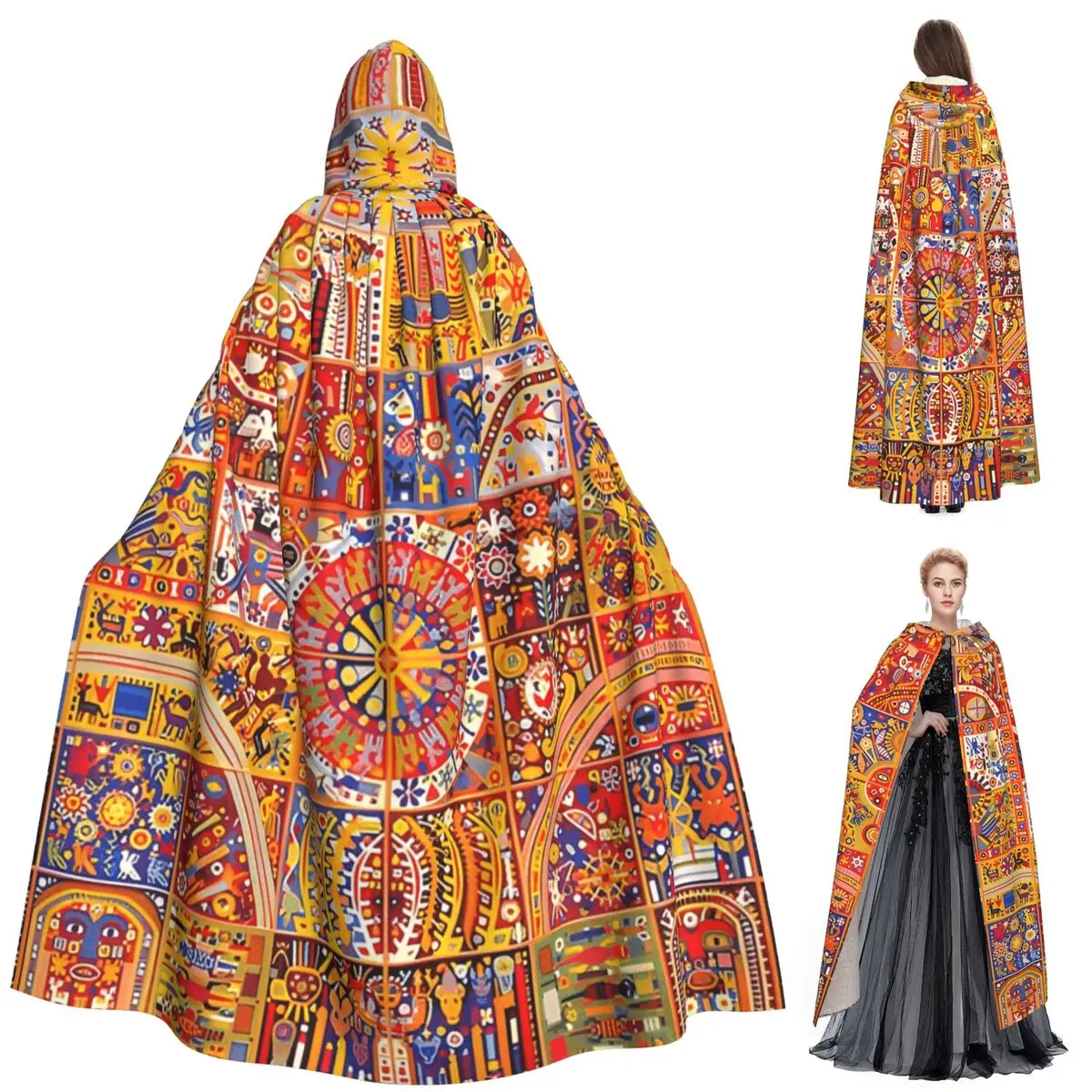 HUICHOL TILES Jubah Panjang Berkerudung Penyihir Kostum Abad Pertengahan Cosplay Cape Pesta Halloween Dewasa Unisex