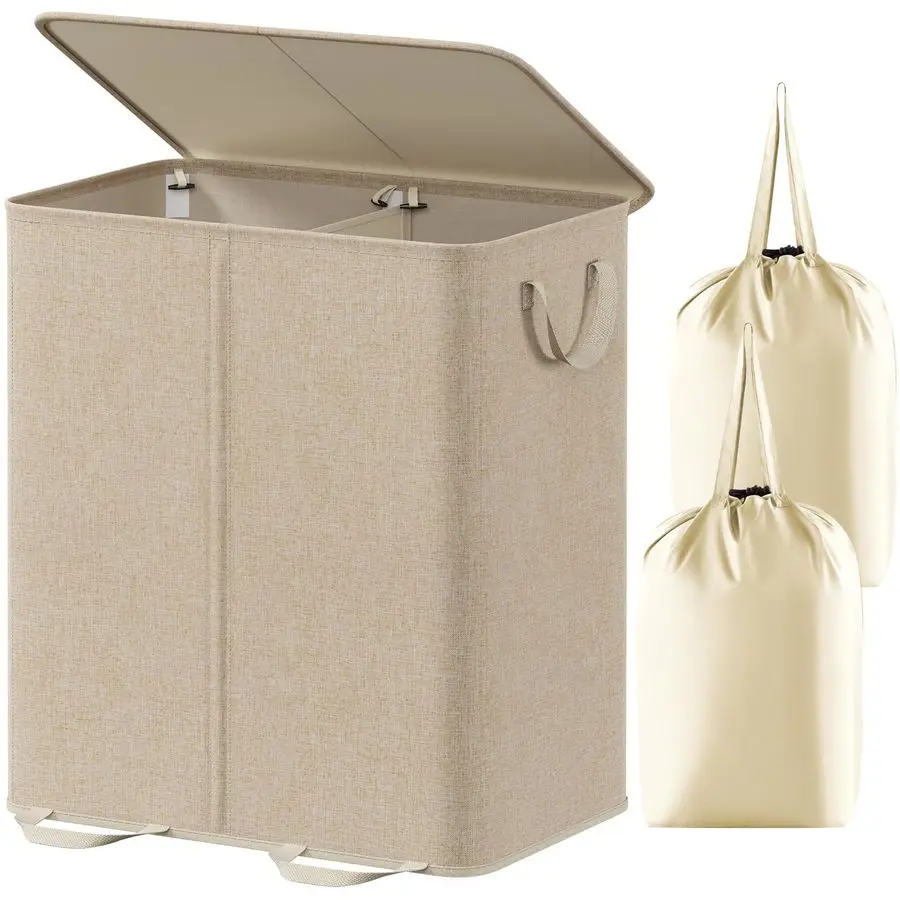

Double Laundry Hamper with Lid and Removable Laundry Bags, Large Collapsible 2 Dividers Dirty Clothes Basket with Handles for Be
