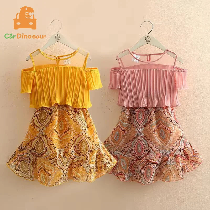 2025 Summer 3 4 6 8 10 12 Years Teenager Children Ethnic Print Wrap Off Shoulder Strapless Beach Baby Kids Girls Chiffon Dress