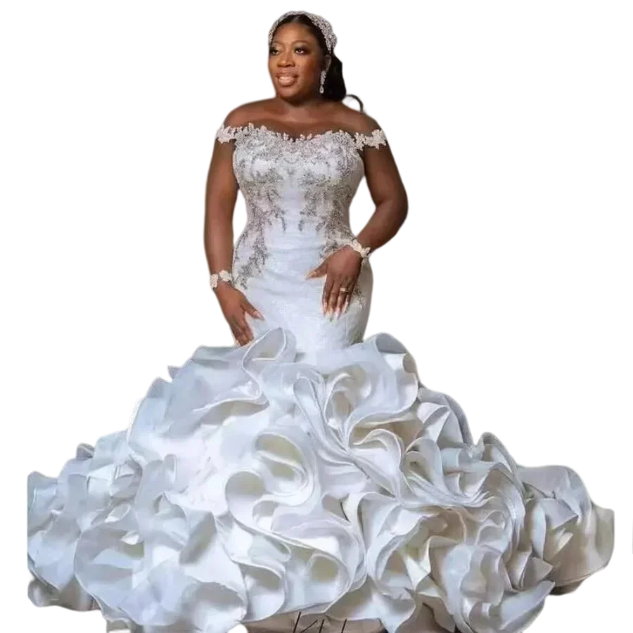 Suknie ślubne z koronkowymi aplikacjami, odkryte ramiona, tren sweep, plus size, organza, kaskadowe falbany, Vestidos