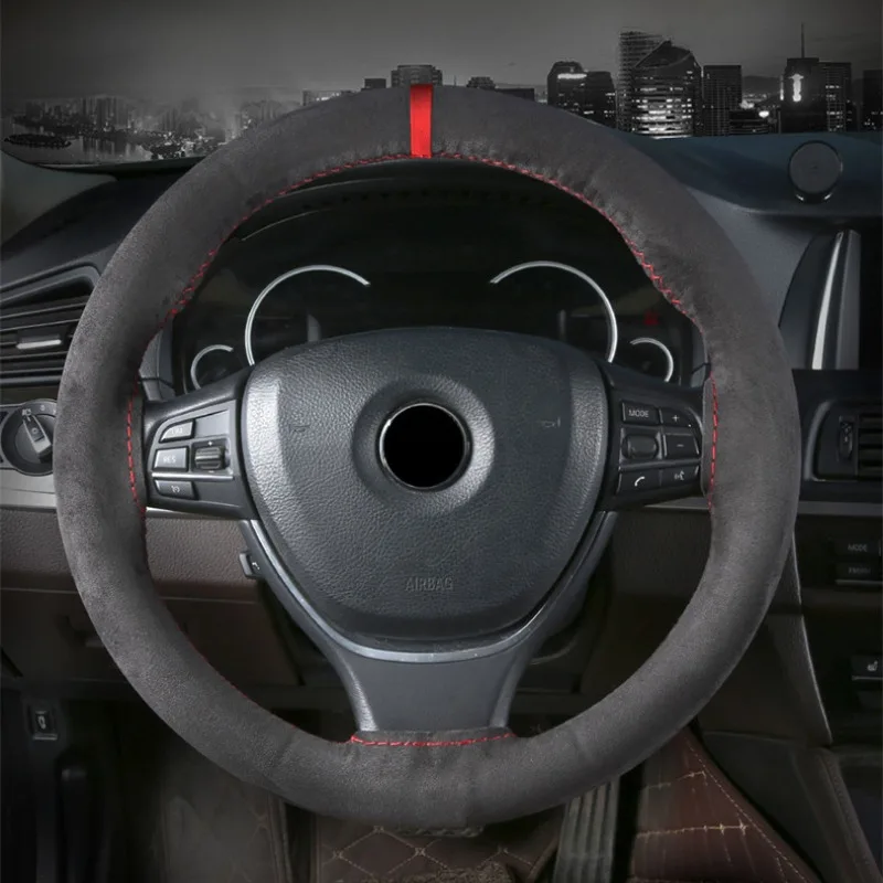 Suede Leather Braid Car Steering Wheel Cover - Universal 38cm DIY Hand-stitched Handle Cover,Car Accessories Steering Wheel Case