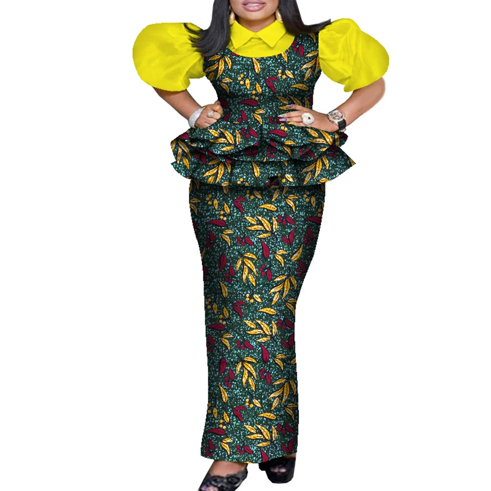 

Африканская одежда для женщин Модный комплект из 2 предметов с цветочным принтом плиссированная верхняя одежда и халат Дашики наряд для вечерние с пышными рукавами WY8053