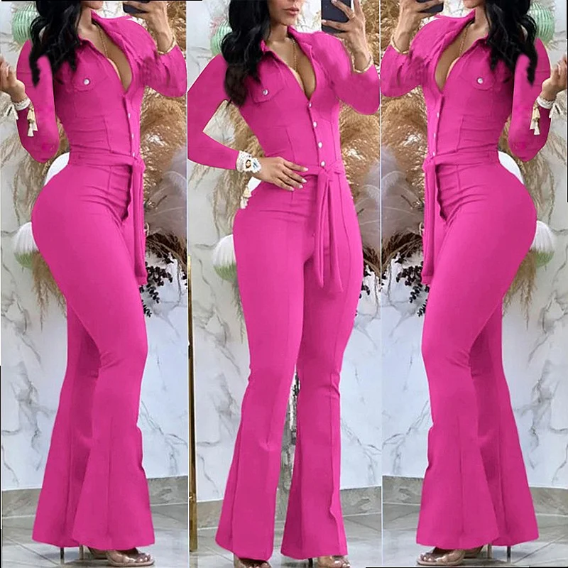 2025 cross-border foreign trade autumn and winter long-sleeved shirt collar mid-waist temperament commuter jumpsuit
