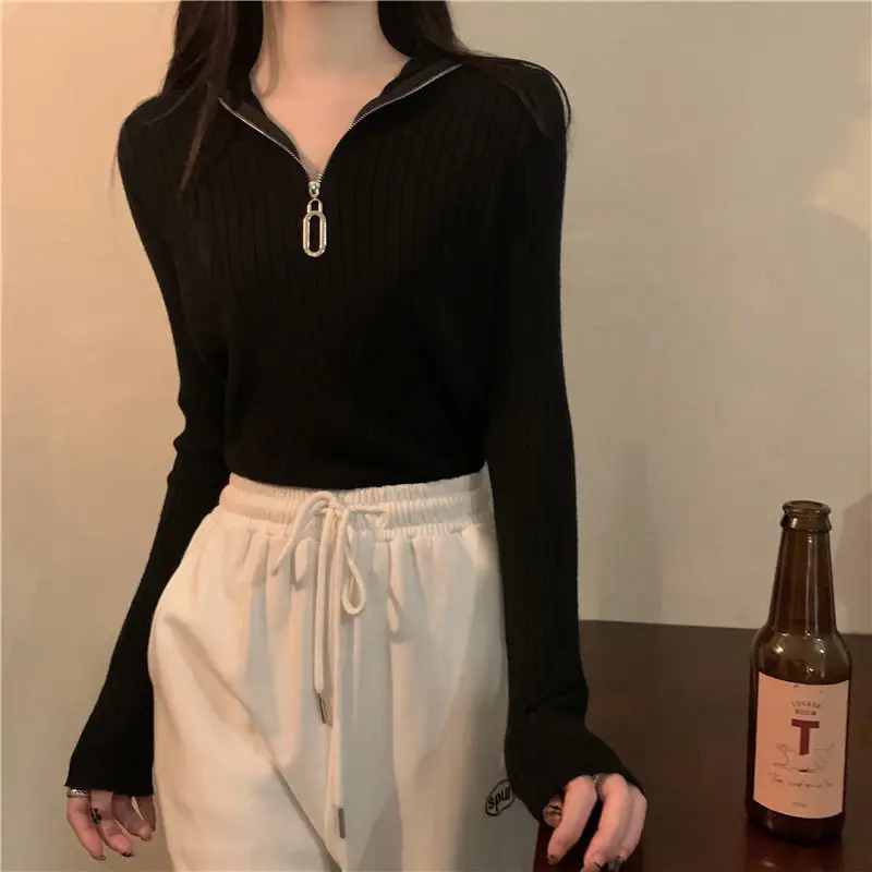 Вязаная базовая рубашка с воротником-поло на молнии, весенне-осенняя футболка с длинными рукавами, женский тонкий топ с высокой талией