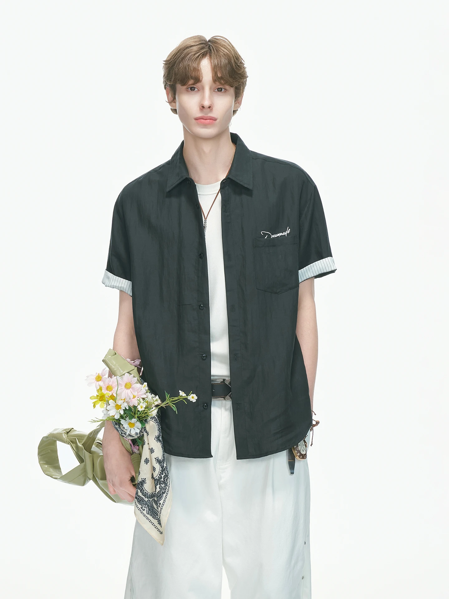 Dream Made Men's Linen Shirt Summer Breathable Short Sleeve Striped Casual Style Comfortable Skin-Friendly Chinese Production