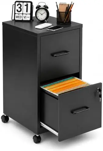 2 Drawer Metal File Cabinet with Lock, Black Mobile Filing Cabinet | 17.7