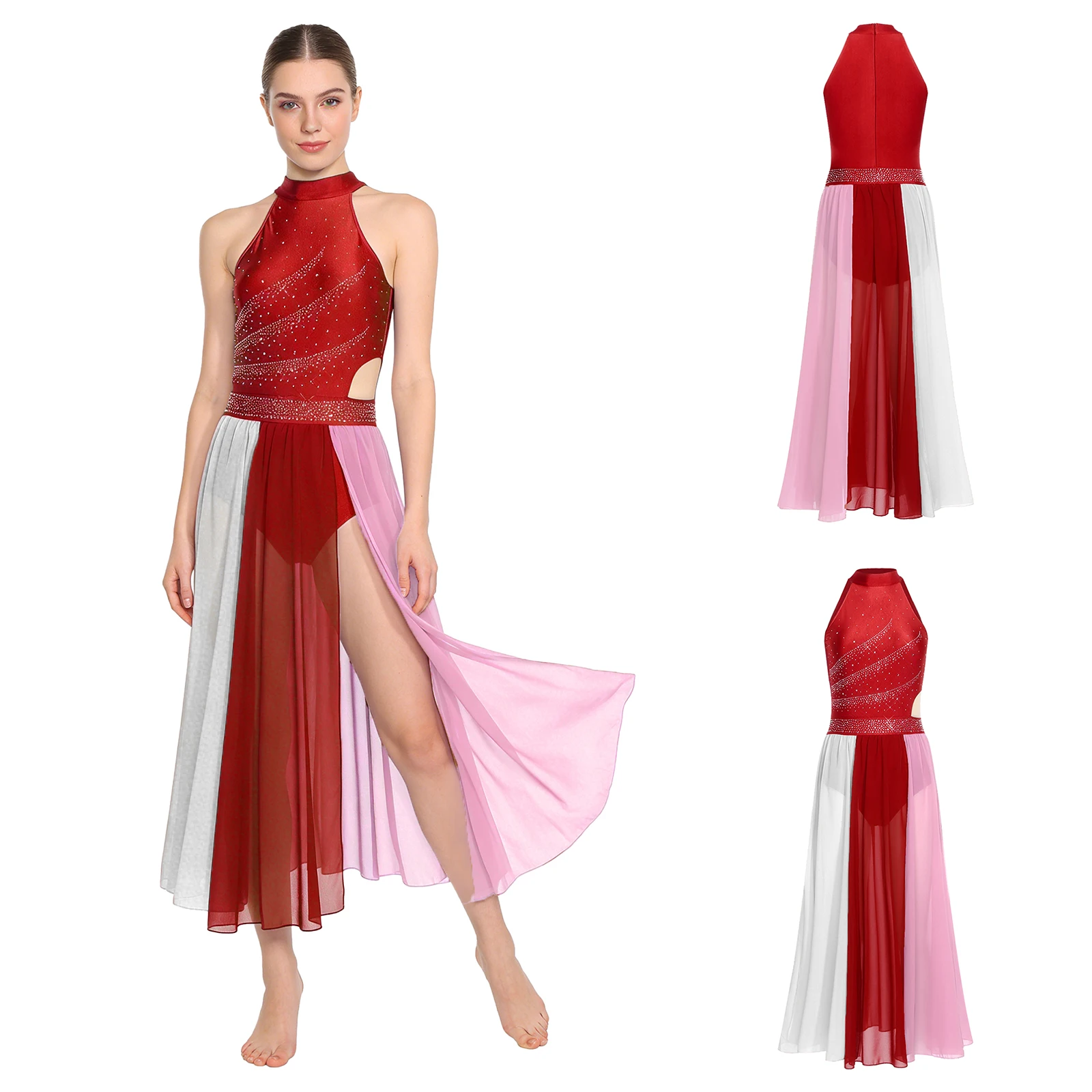 女性モダン叙情的ダンスドレスバレエフィギュアスケート体操コンテンポラリーダンスウェアラインストーンノースリーブメッシュスリットレオタード