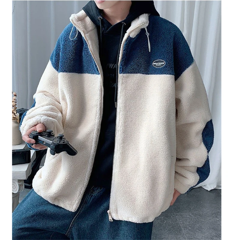 Men's Warm Coats Autumn Winter Zipper Coat High Street Male Loose Stand Collar Jacket Outerwear Patchwork Tops