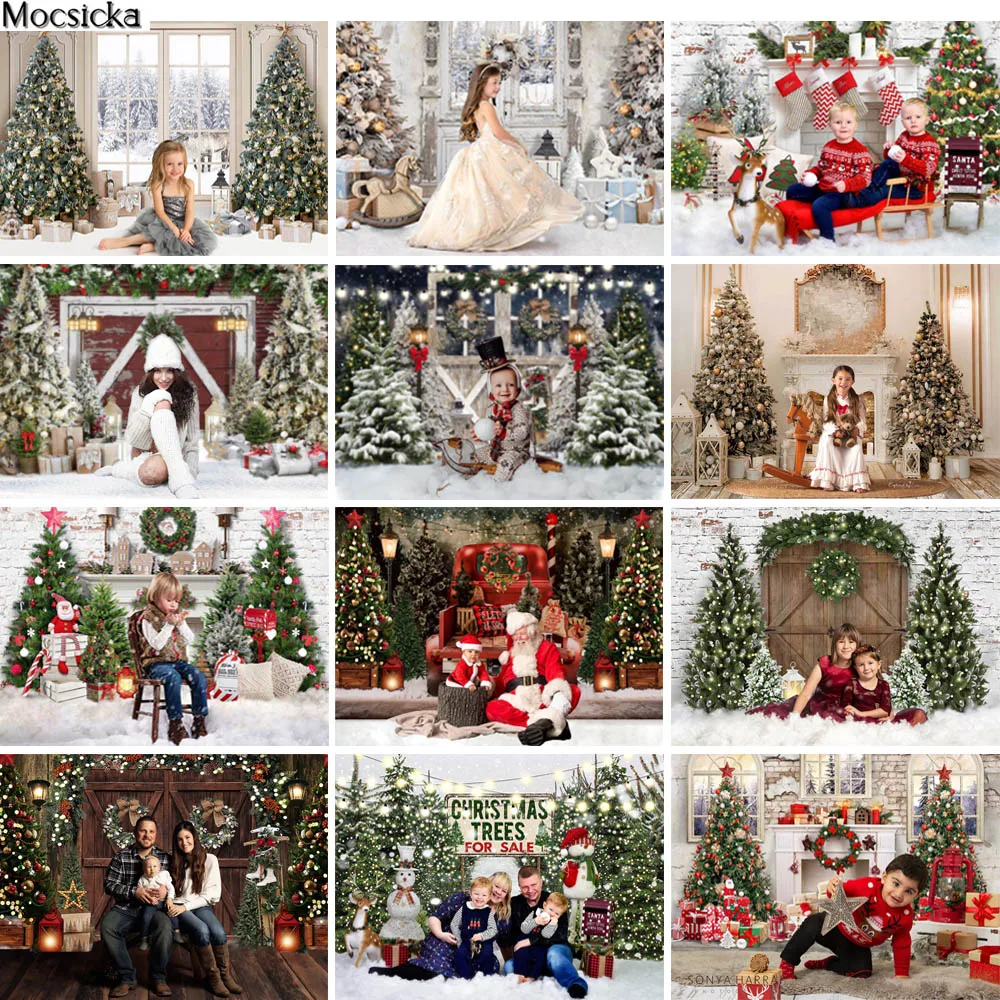 

Christmas Fireplace Photography Backdrops Winter Snow Family Portrait Photocall Xmas Trees Kids Birthday Photo Background Studio