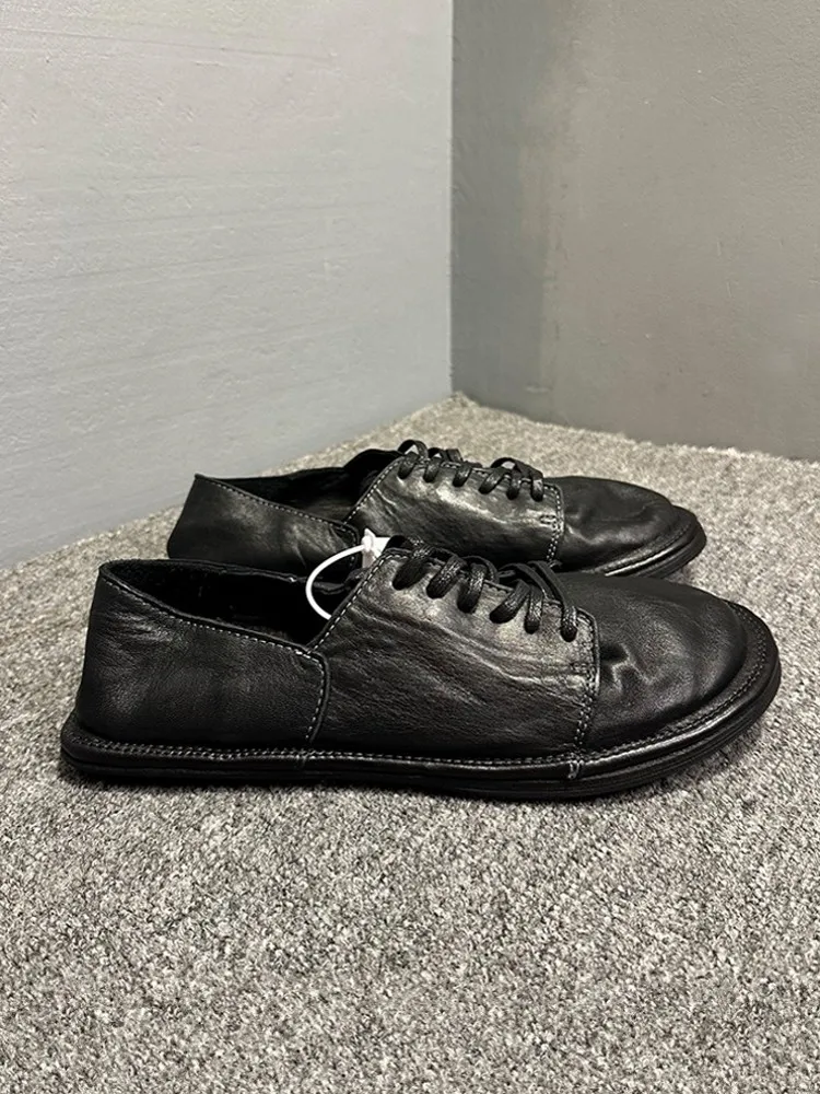 Retro Mens Casual Low Cut Skateboard Spliced Real Horsehide Genuine Leather Shoes Lace Up Comfortable Outside Joggers Sneakers