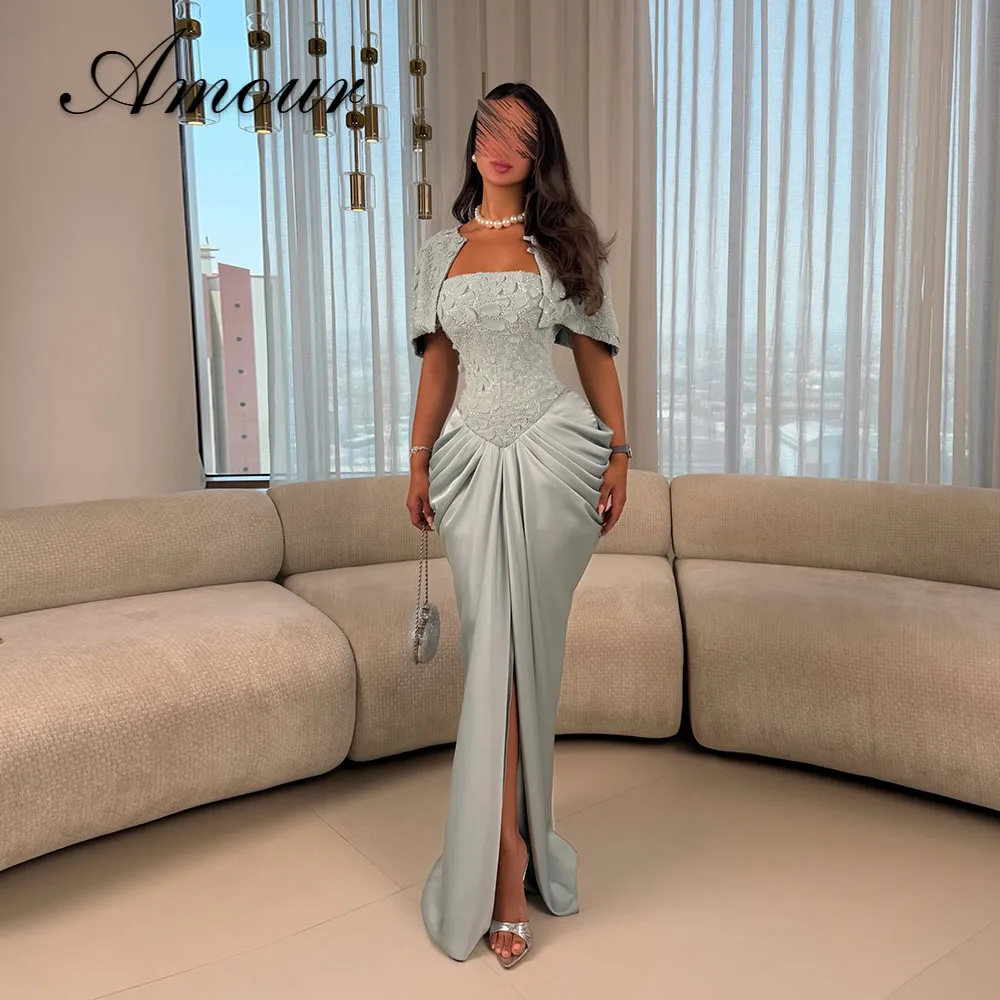 Amour Customized Eleagnt Mermaid Beaded Formal Evening Dresses With Cape Sleeves Square Neck Pleated Satin vestidos de gala