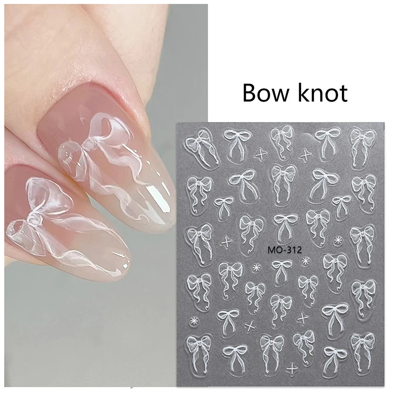 1 シート白いリボンちょう結び 3D エンボス加工ネイルアートデコレーションステッカーマニキュアツールデカール