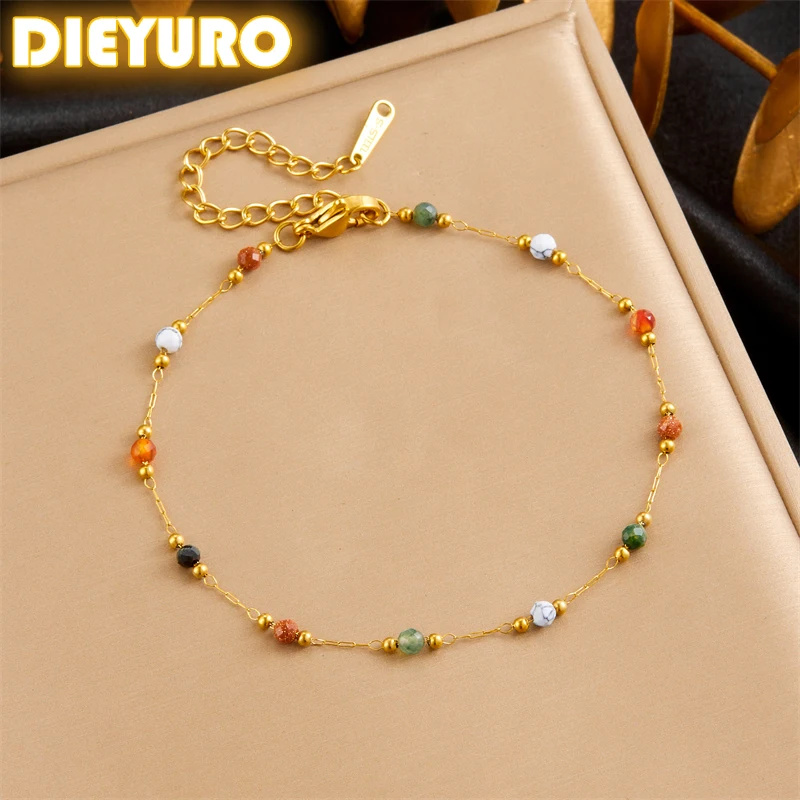 DIEYURO 316L Stainless Steel Natural Colored Beads Bracelet Womens 2024 New Concise Trend Non-fading Golden Hand Jewelry Gift