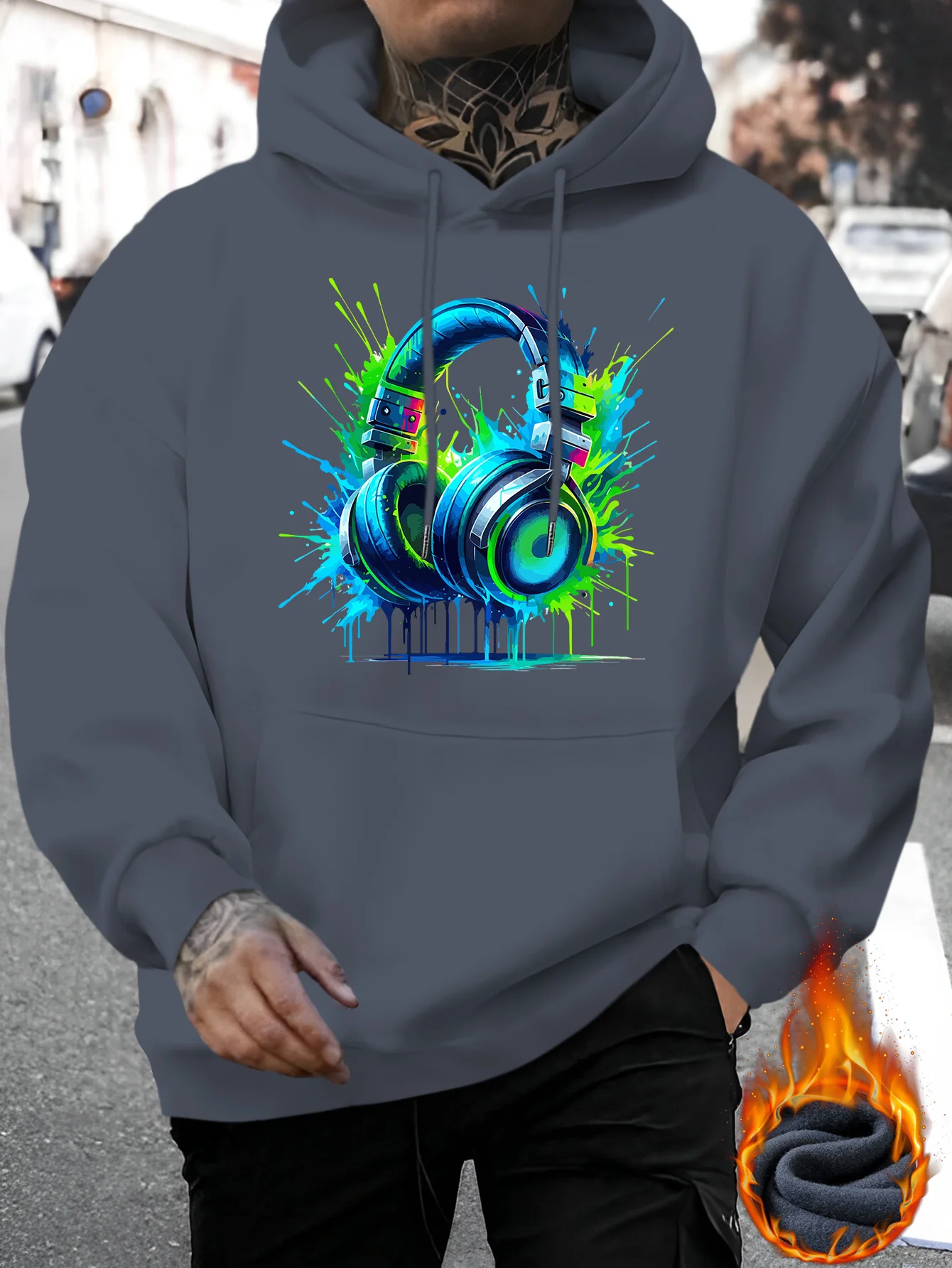 Men's New Models Are Printed with Personalized and Cool Earphone Pattern Printing, Casual Sweater, Fashionable Drawstring Hoodie, Autumn and Winter Top, Comfortable and Versatile Long-sleeved Hooded Sweater (Niuwang Selection}