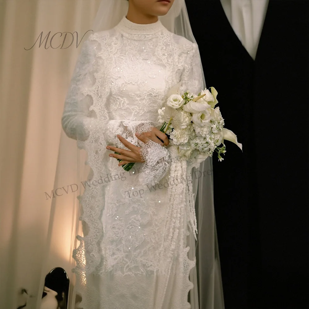 Muslim Mermaid Wedding Dress With Scarf Lace Long Sleeve High Neck Bride Gowns Islamic Ivory Vestido De Novia Customized