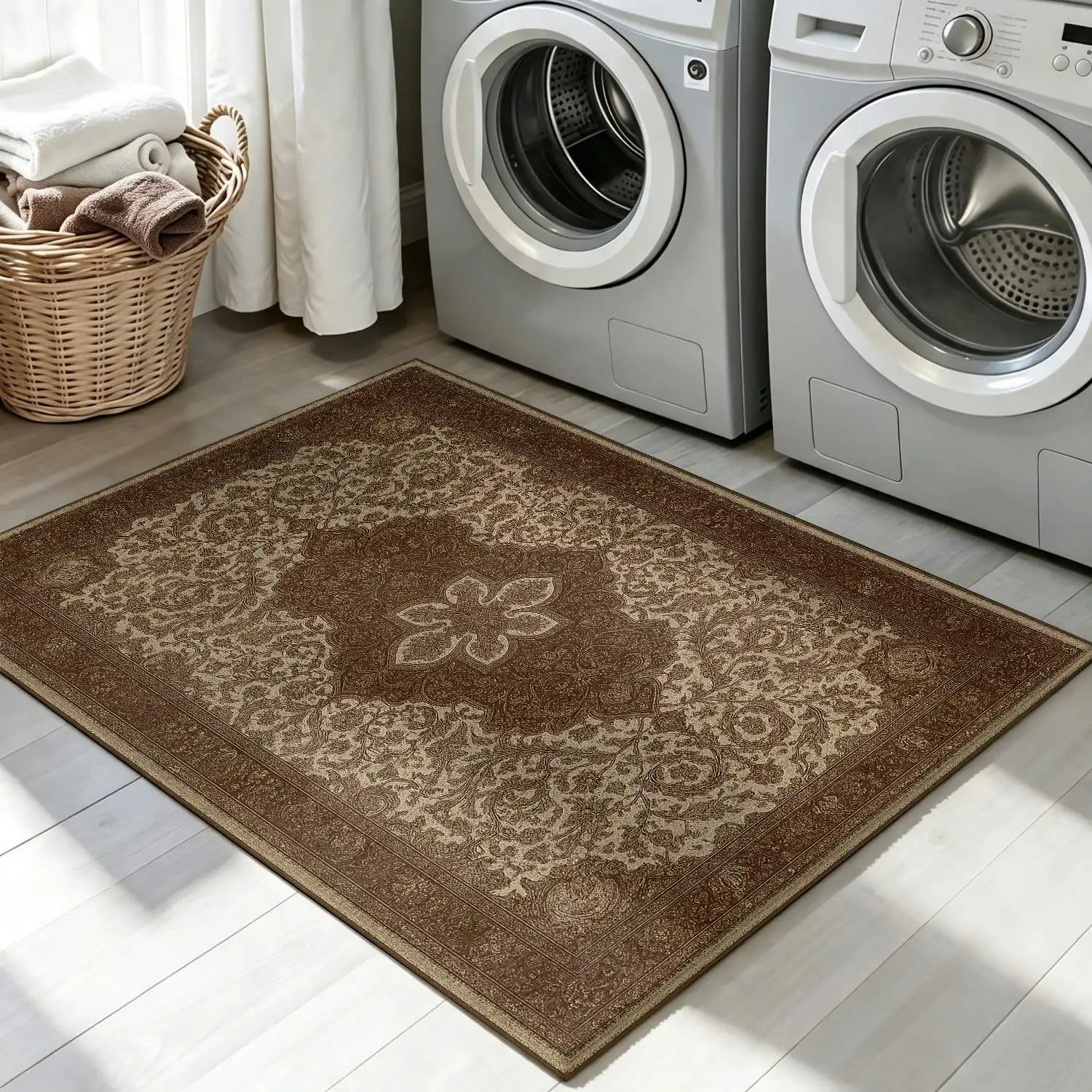 1Pc 2D Printed Retro Brown Floral Carpet European-Style, Geometric Designs, Home Decor, Multi-Size, Machine Washable, for Entryway, Dining Room, Bedroom, Living Room, Etc.