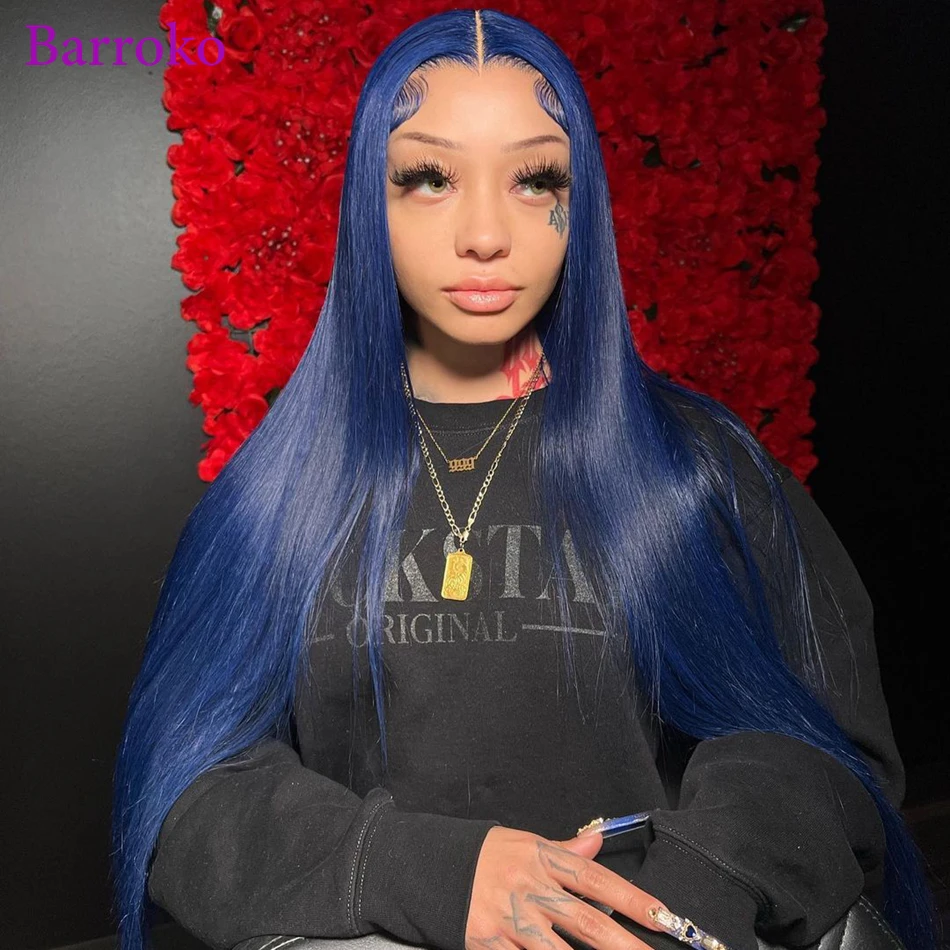 Barroko 13x6 Dark Blue Colored Wigs Straight Human Hair Wigs Pre Plucked Peruvian Hair Transparent Frontal Lace Wigs Human Hair