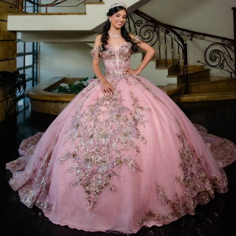 

Shiny Pink Quinceanera Dresses Off the Shoulder Sequin Crystal Decal Lace Flower Long tail Vestido De 15 Quinceanera Customize