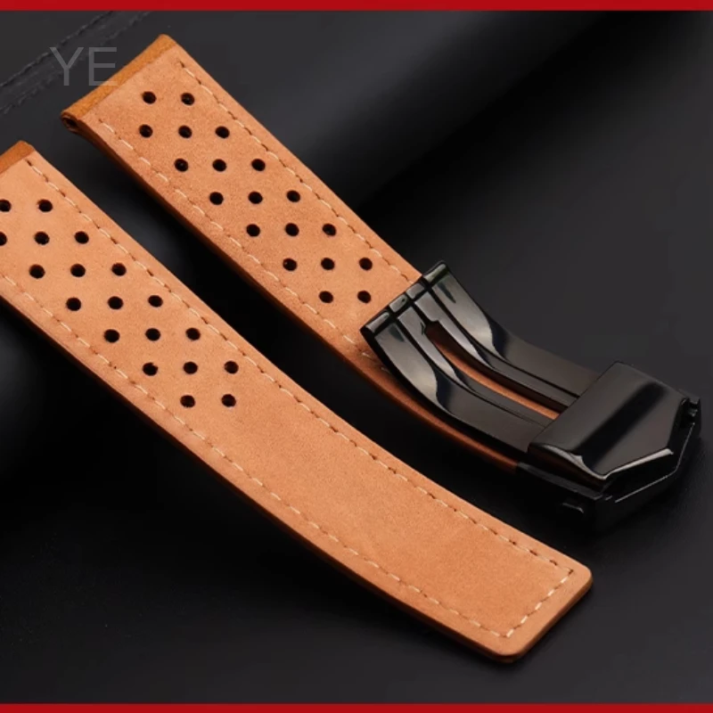 Para tag heuer série sweatproof respirável design pulseira de couro genuíno fivela dobrável fosco pulseiras 20 22 24mm