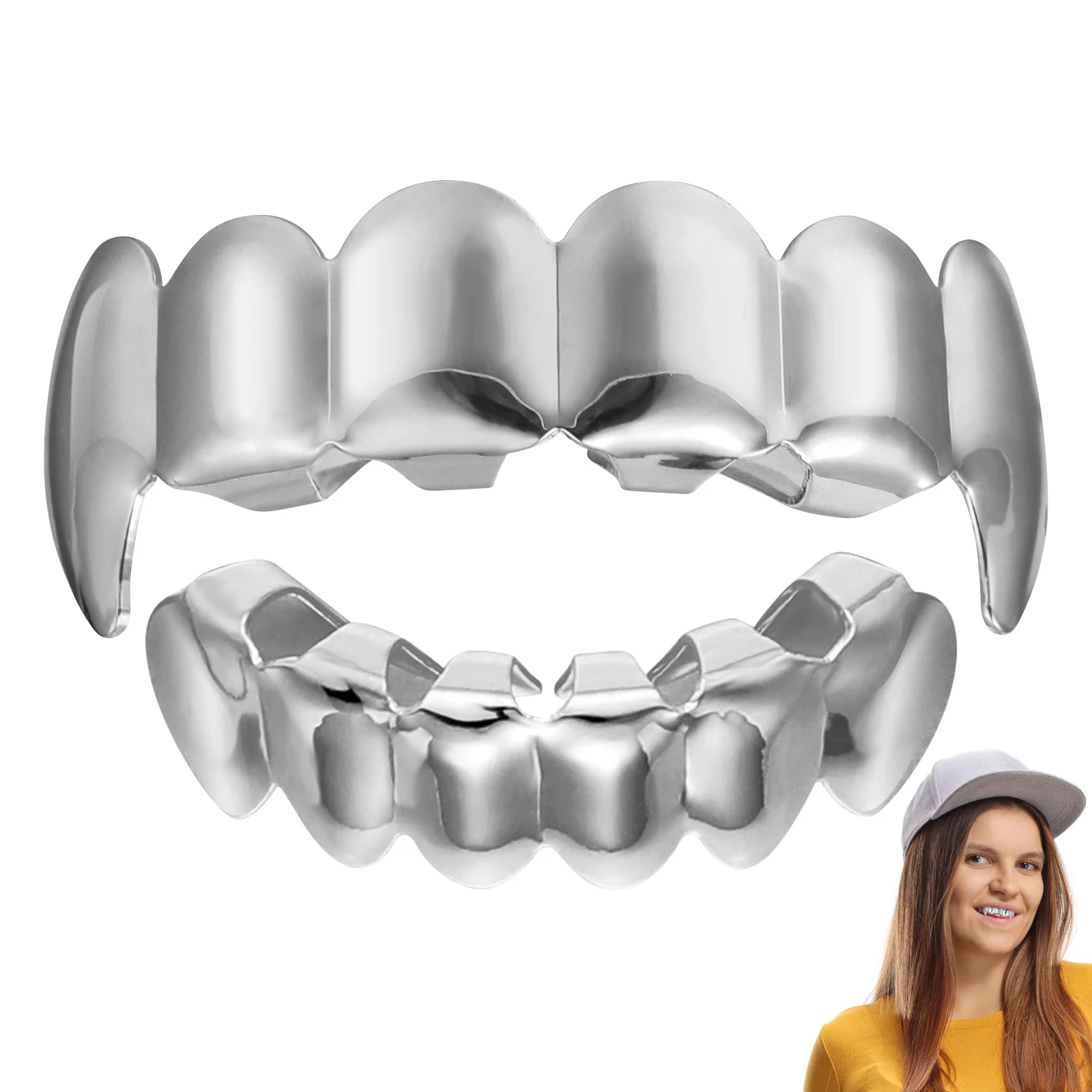 Teeth Jewelry Silver Teeth Braces and Bottom Set Shiny Teeth