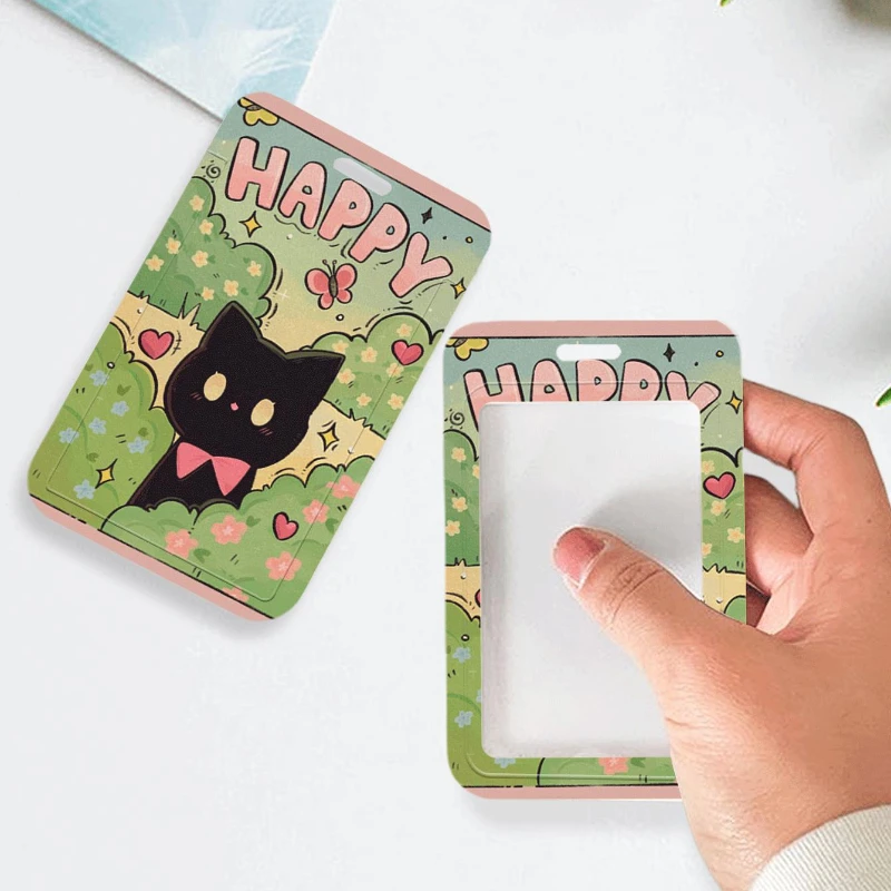 น่ารัก Black Cat Bank ธุรกิจผู้ถือบัตรนักเรียนรถบัสอาหารการ์ดป้องกันกรณี Lanyard อะคริลิค Photocard ผู้ถือ