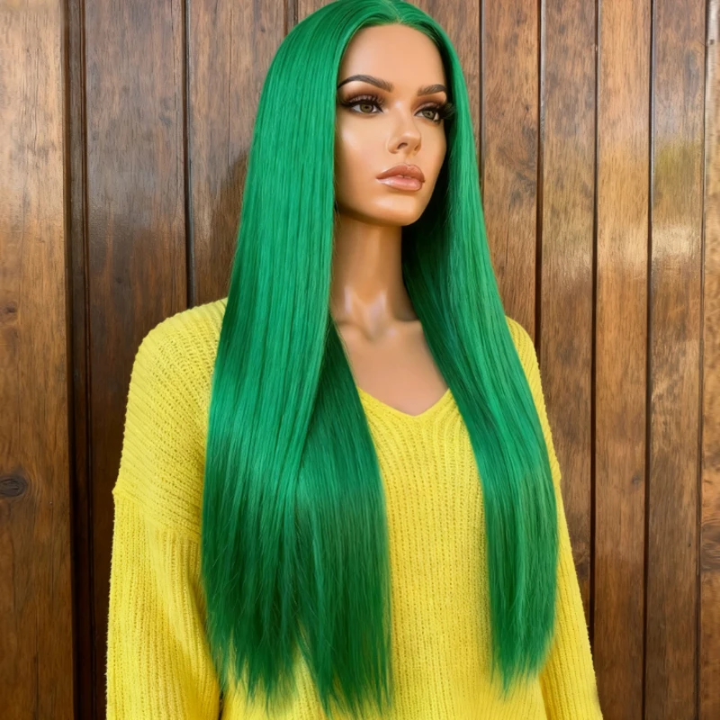 

Green long straight hair wig for women, 28 inch synthetic design, fluffy and elegant, suitable for all women