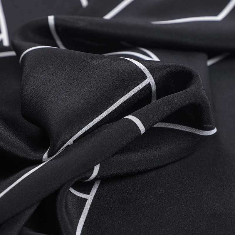 Silk Crepe de Chine Fabric-135CM Wide 14MM White Geometry Lines Printed on Black Thin Silk Fabric for Shirts Pants Dress R135