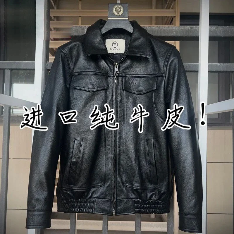 Cowhide Leather Jacket Men Lapel Coats Casual Oversized Motorcycle Men's Genuine Free Shipping Everything