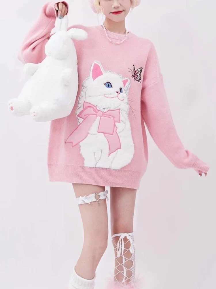 

Pink Korean Sweet Sweater Women Knitted Embroidery Harajuku France Hoodie Female Long Sleeve Loose Casual Kawaii Pullover 2024