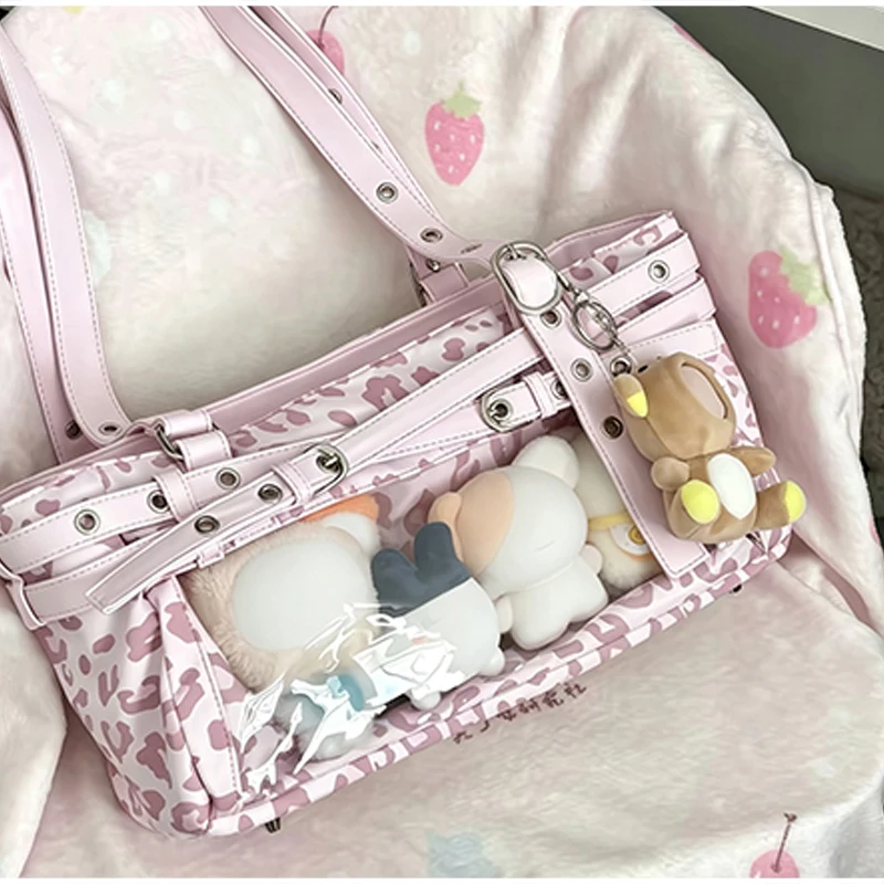 Polka Dot Ita-Tasche mit transparentem Sichtfenster, Damen Anime-Schultertasche, Lolita-Handtasche für Mädchen, Kawaii-Geldbörse mit Gürtelschnallendesign – Detail 4