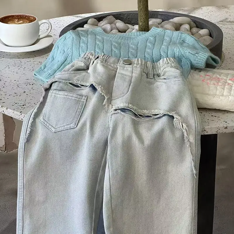 

Children's Clothing Set Spring/Summer New Girl's Short sleeved Sweater+Jeans Two piece Set Baby Girl Fried Dough twists Sweater
