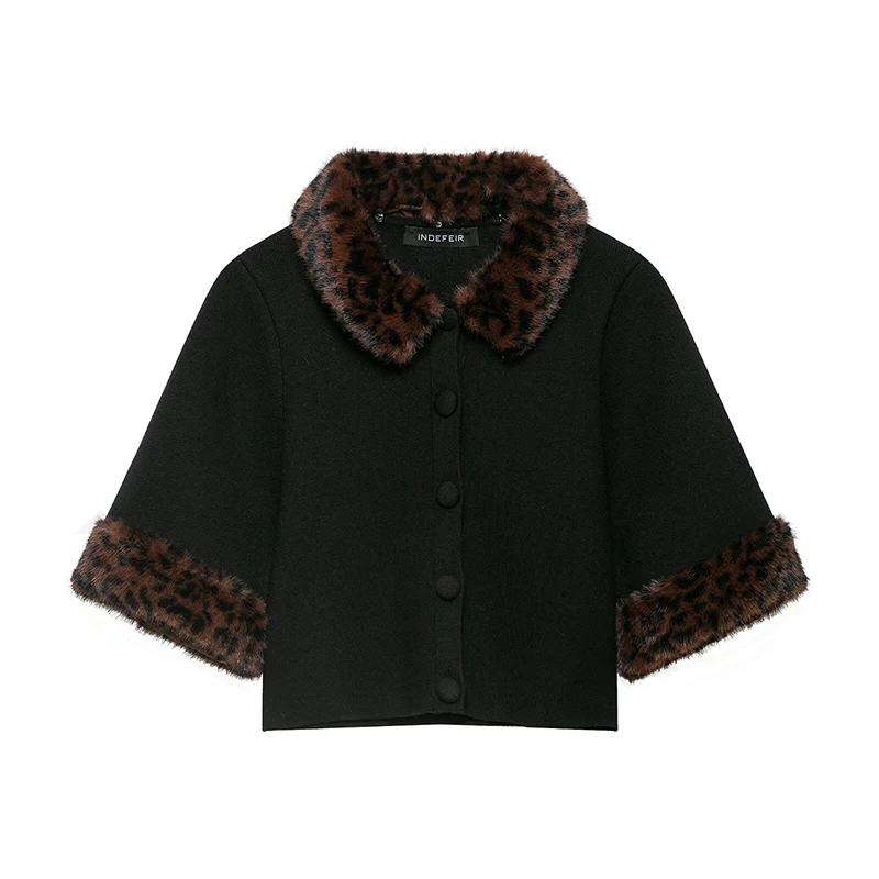 European American Style Detachable Faux Fur Knitted Jacket Women Lapel Collar Short Sleeve Vintage Crop Outerwear